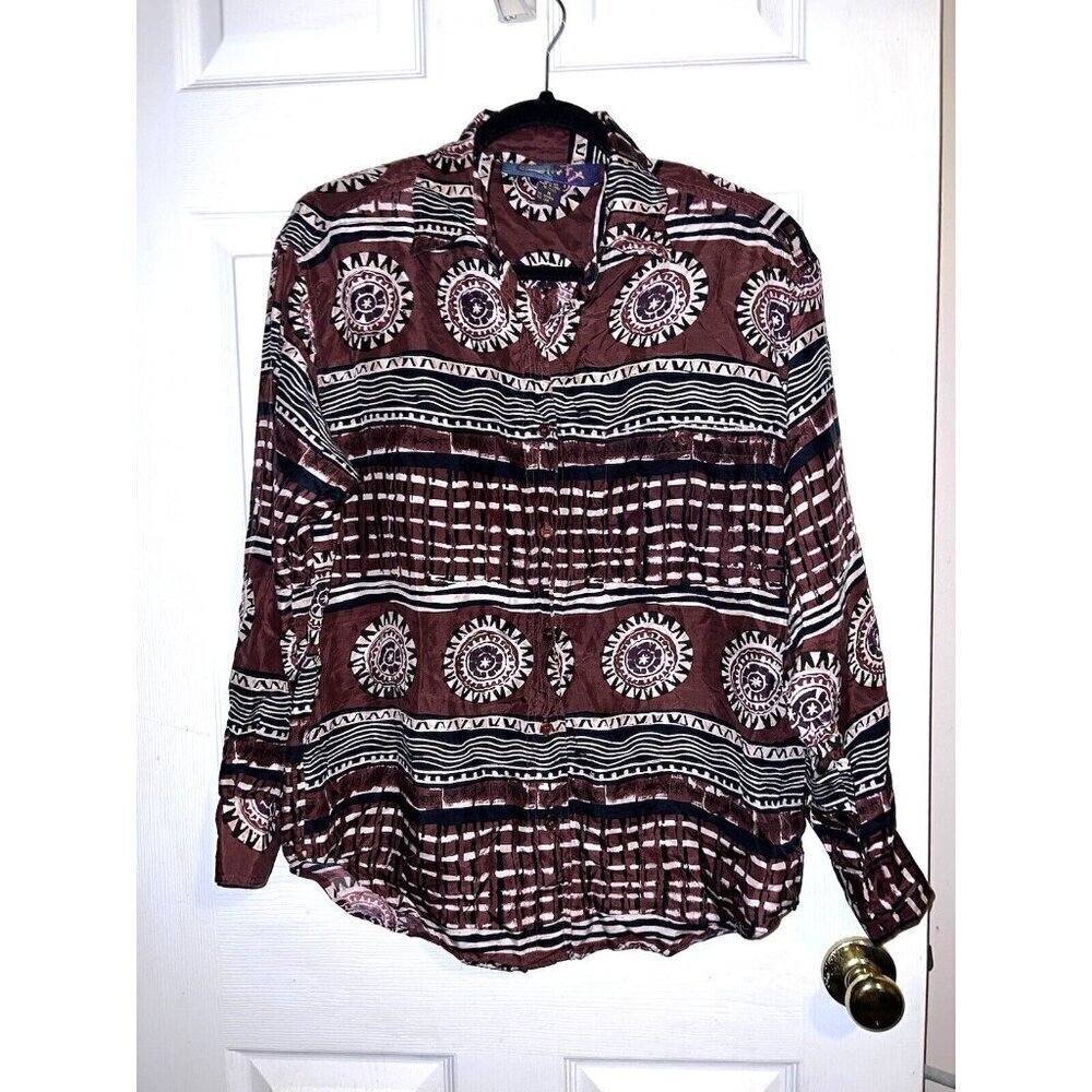 Vintage COLOR FX100% Silk Top Mocha & White Bold Pattern Button Front Shirt M
